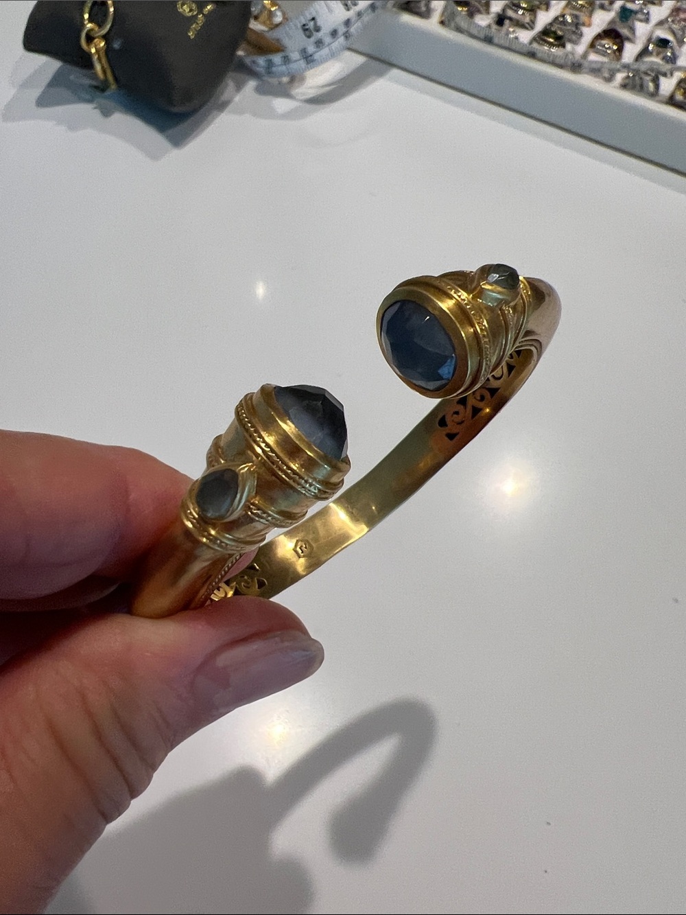 Julie Vos Gold Cannes Demi Cuff Bracelet blue end cap & pear shaped Gemstones - Picture 9 of 9